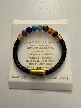 New Chakra Bead Stone Bracelet Black Leather Steel Bangle LX7